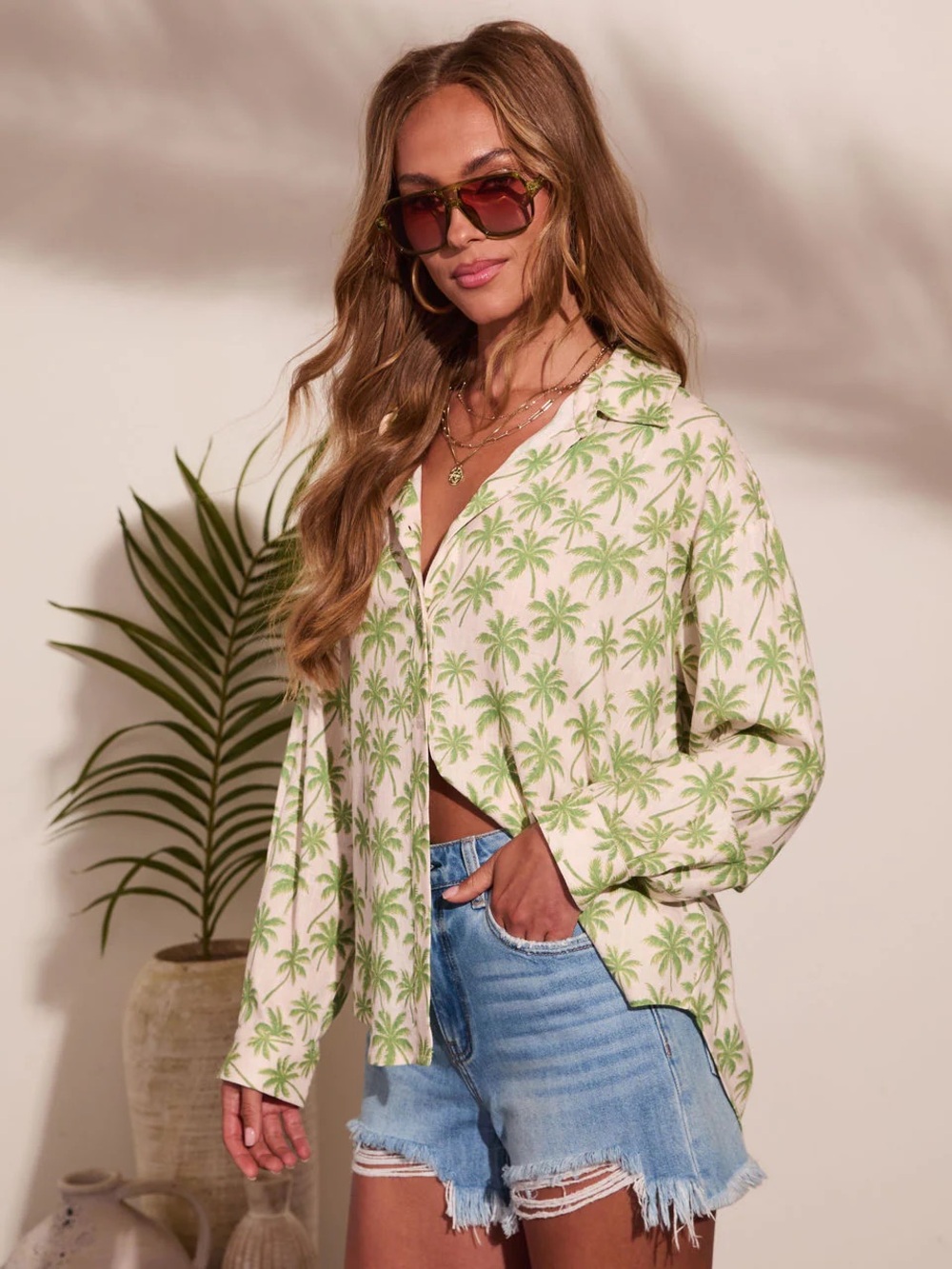 VICI Sunset Escape Tropical Palm Print Linen Button-Up Shirt in Cream & Green